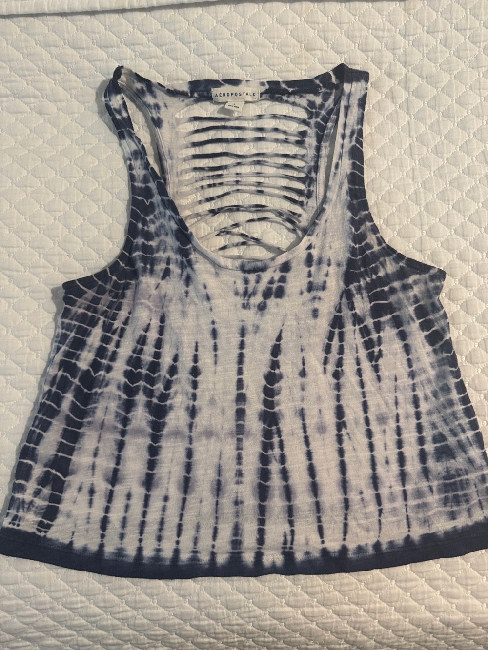 Aeropostale Navy and White Tie-Dye Slashed Back Tank